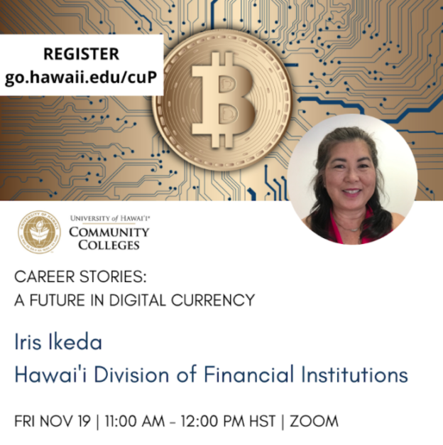 Picture of Commissioner Iris Ikeda with a backdrop featuring the Bitcoin logo
